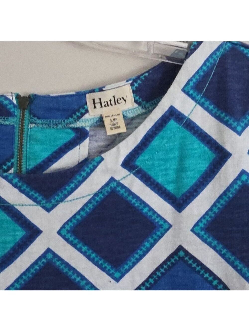 HATLEY | Ripples Crew Neck T-Shirt Dress blue white diamond pattern Sz S - Picture 4 of 8
